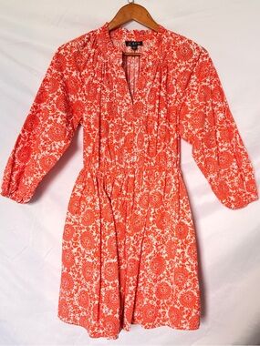 New J Crew Orange White Floral Poplin 100% Cotton Ruffle Collar Small Mini Dress
